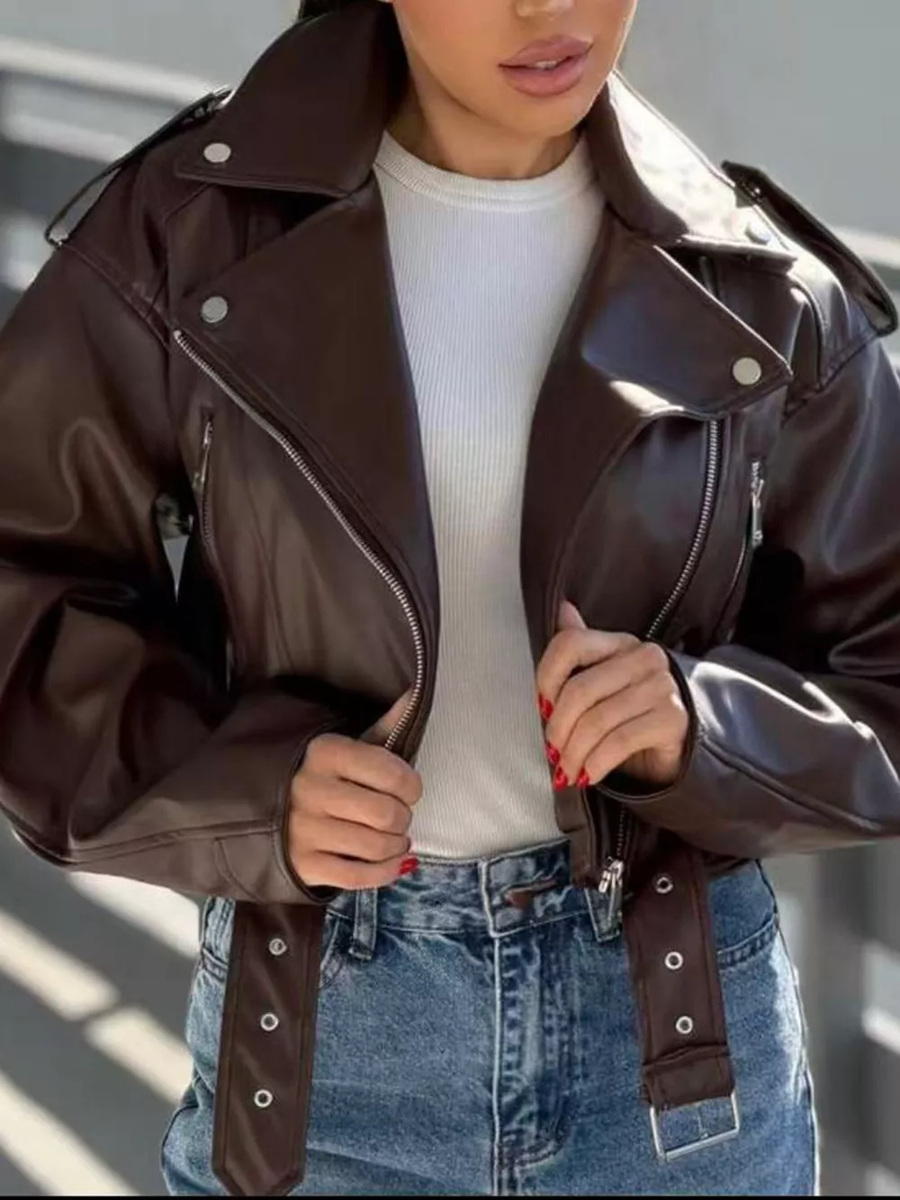 Full Size Faux Leather Zip Up Jacket Plus Size, image 3