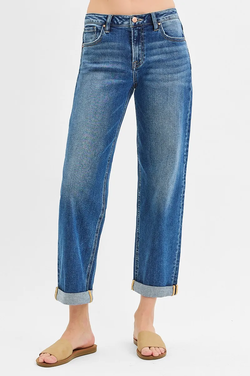 Full Size Mid Rise Boyfriend Roll Up Jeans Plus Size