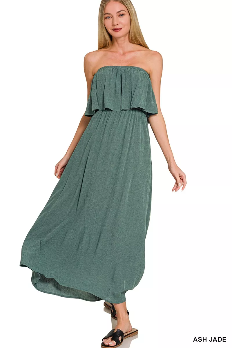 Woven Crinkle Strapless Maxi Dress