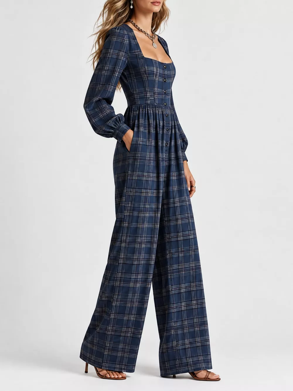 Plaid Square Neck Long Sleeve Wide-Leg Jumpsuit, image 6