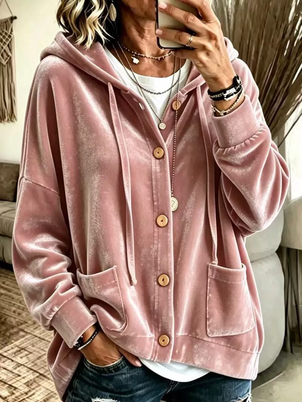 Full Size Velvet Dropped Shoulder Hoodie Plus Size, image 11
