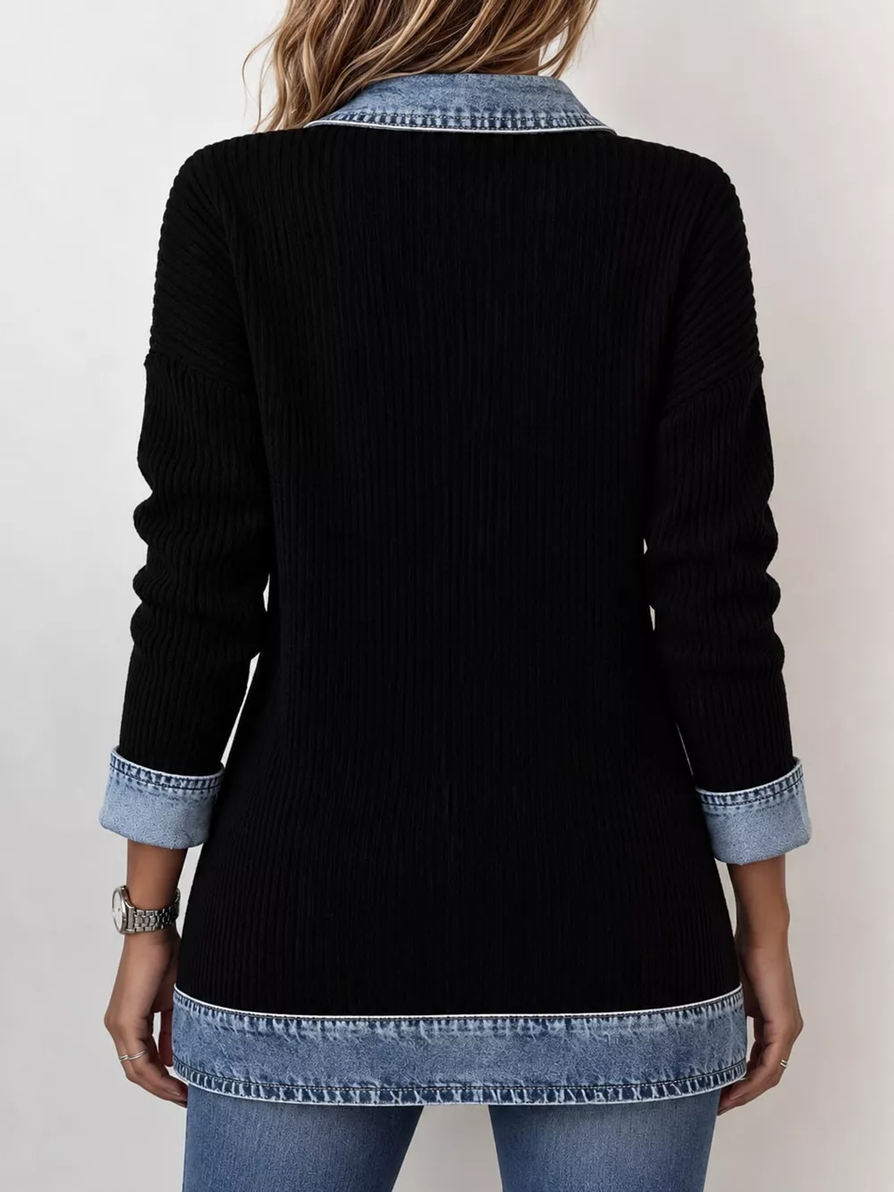 Full Size Denim Trim Ribbed Knit Cardigan Plus Size, image 3