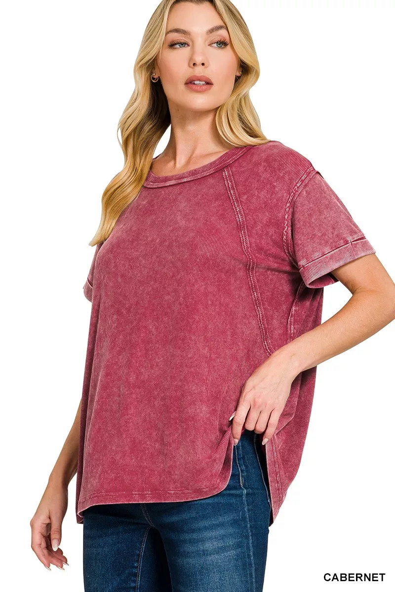 Washed Ribbed Cuffed Short Sleeve Round Neck Top, image 3
