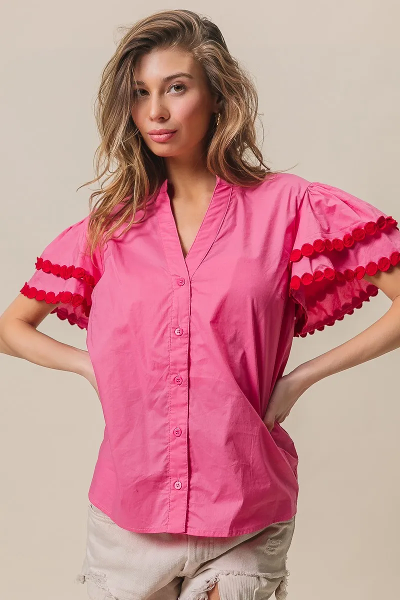 Dot Trim Flutter Sleeve Notched Top, image 10