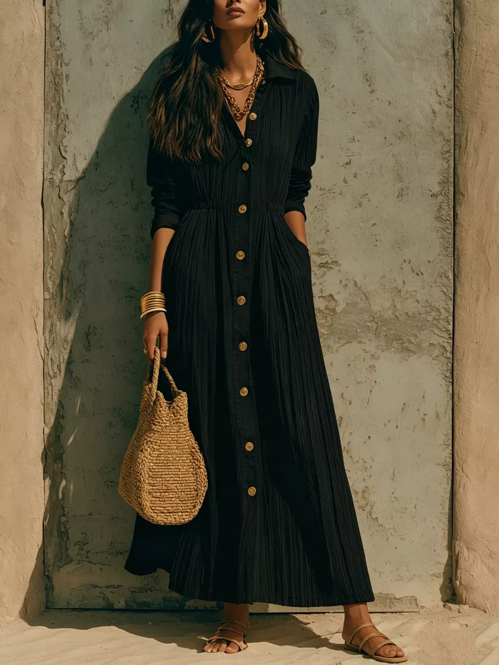 Full Size Textured Button Front Long Sleeve Maxi Dress Plus Size, image 14