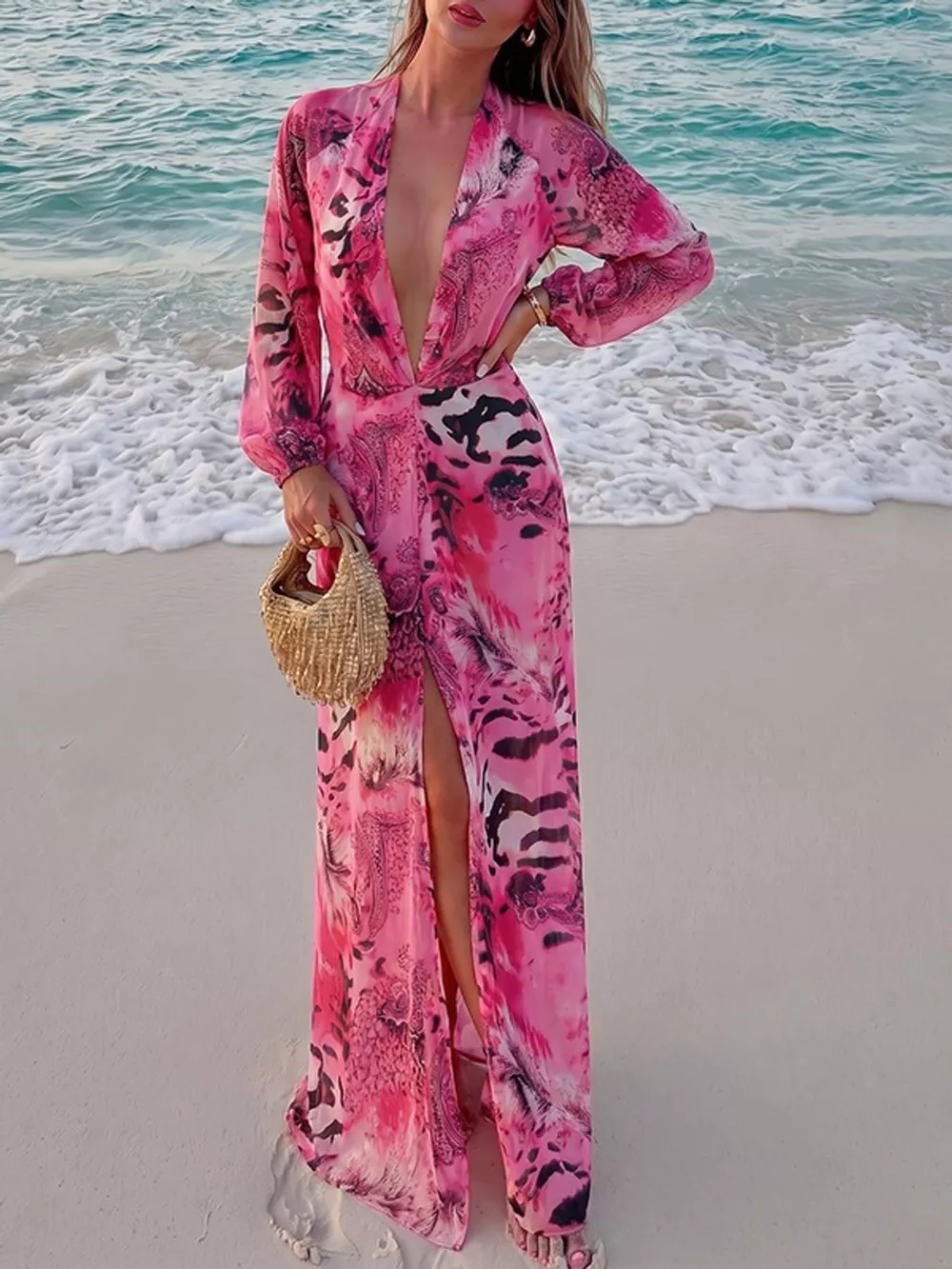 Deep V-Neck Long Sleeve Printed Maxi Dress, image 12
