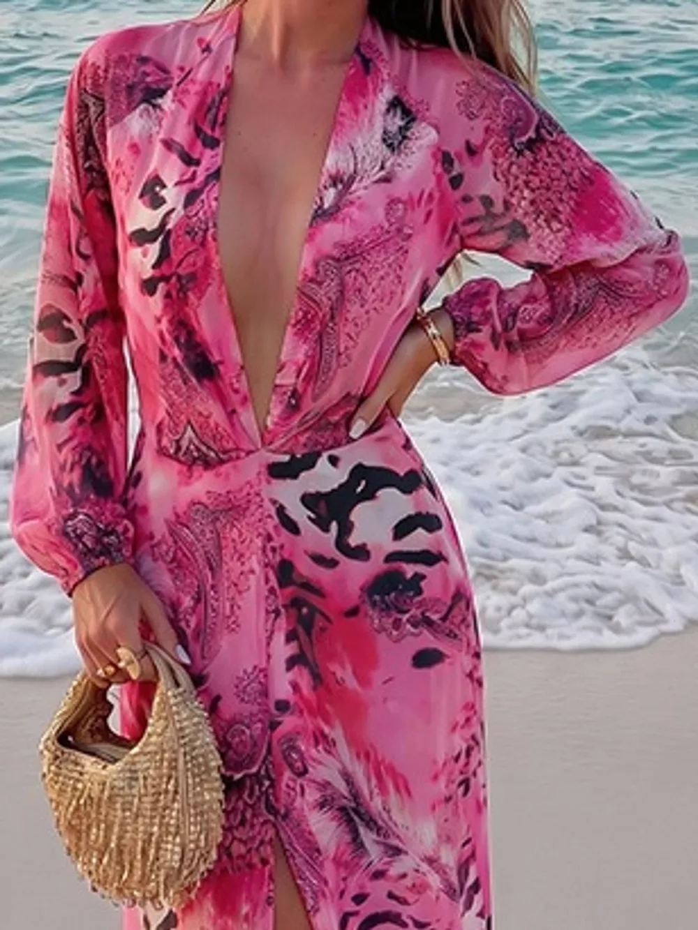 Deep V-Neck Long Sleeve Printed Maxi Dress, image 21
