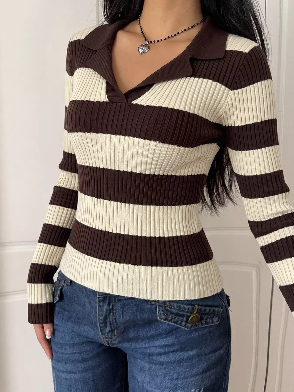 Striped Ribbed Knit Long Sleeve Sweater, image 3