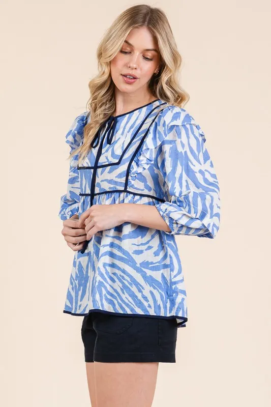 Graphic Print Solid Trim Quarter Sleeve Blouse, image 5