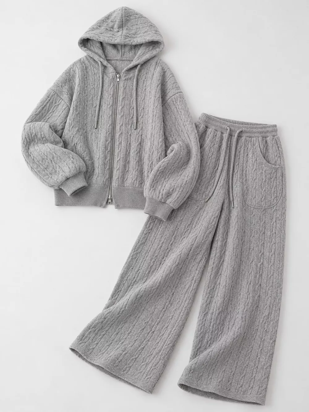 Cable Knit Zip-Up Hooded Cardigan and Wide-Leg Pants Sweater Set, image 30