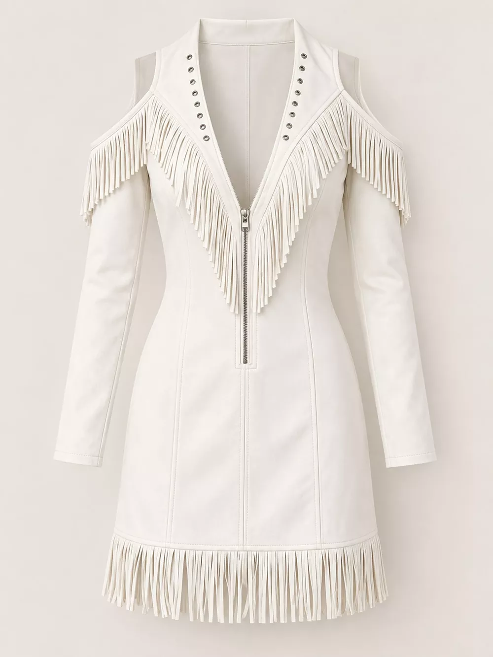 Full Size Fringed Cold-Shoulder Zip-Front Mini Dress Plus Size, image 4