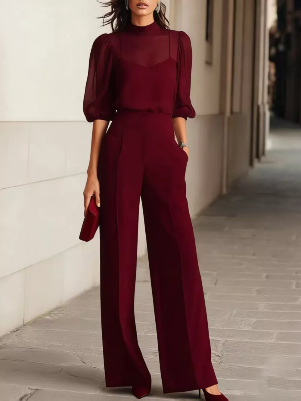 Mock Neck Puff Sleeve Top and Wide Leg Pants Set, image 5