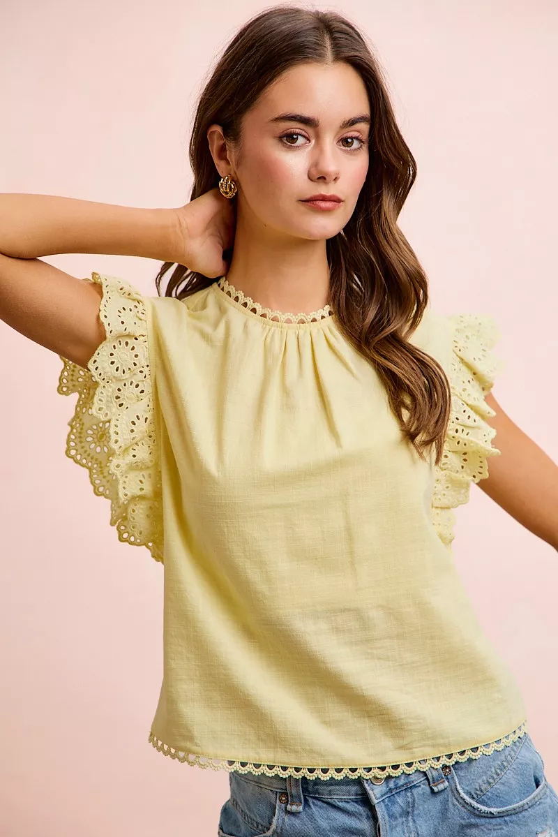 BiBi Cotton Solid Ruffle Sleeve Lace Detail Blouse Top, image 6