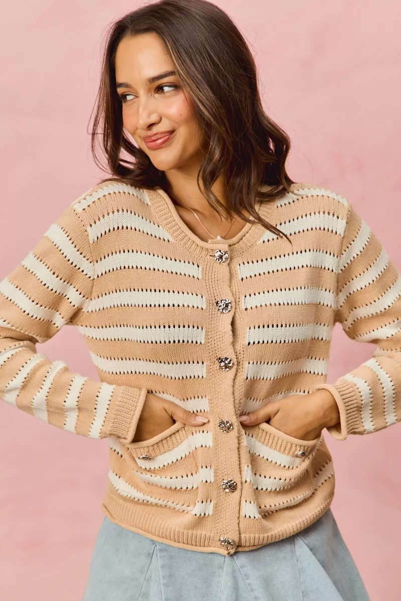 Stripe Long Sleeves Button Sweater Cardigan, image 5