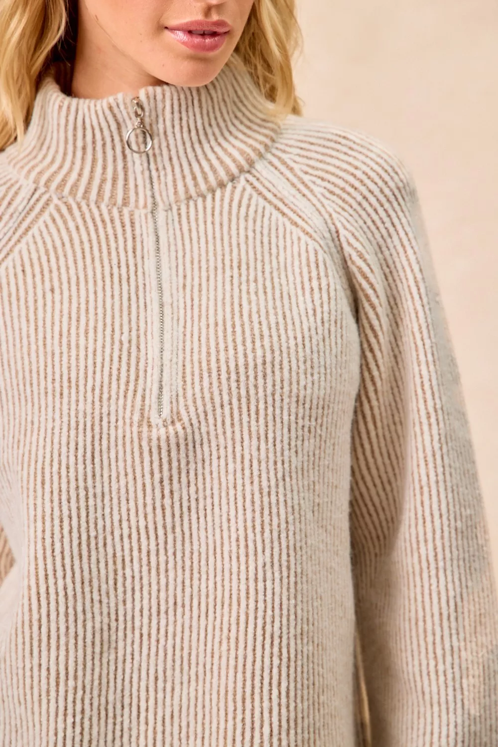 Two Tone Rib Texured Knit Collared Top with Zip Up, image 11
