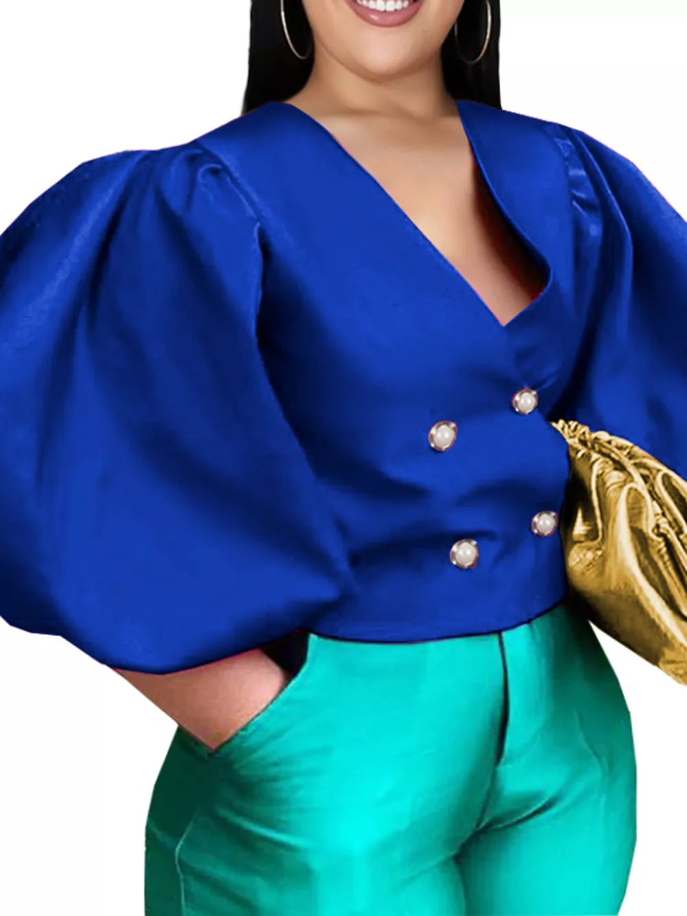 Full Size Double-Breasted Puff Sleeve Blouse Plus Size, image 8