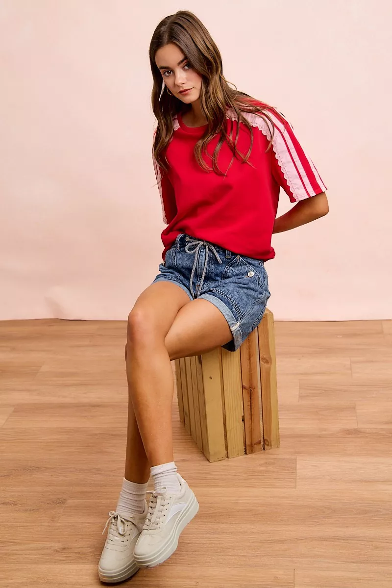 BiBi French Terry Side Lace Detail Short Sleeves Top, image 28