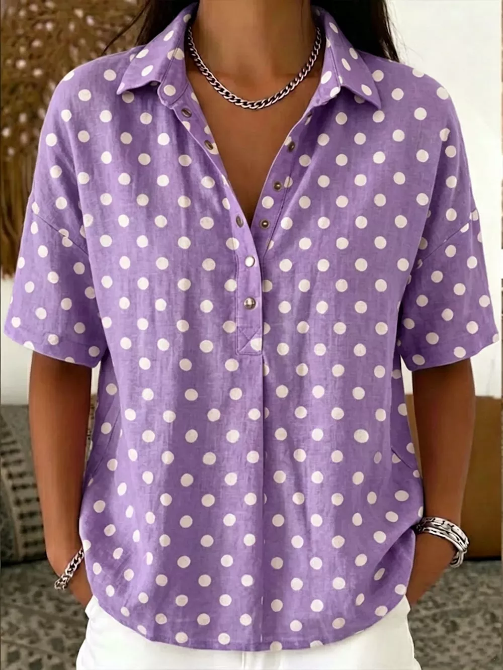 Full Size Polka Dot Short Sleeve Shirt Plus Size, image 4