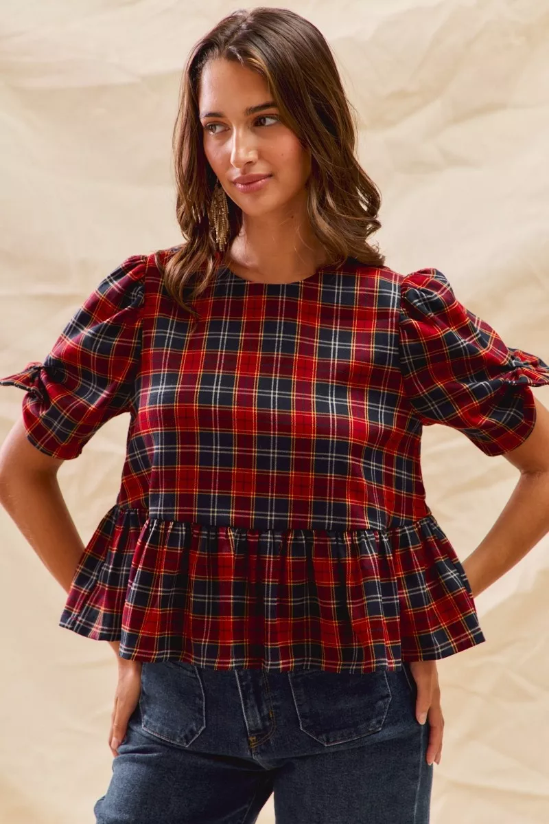 Christmas Holiday Plaid Ribbon Short Sleeves Top, image 5