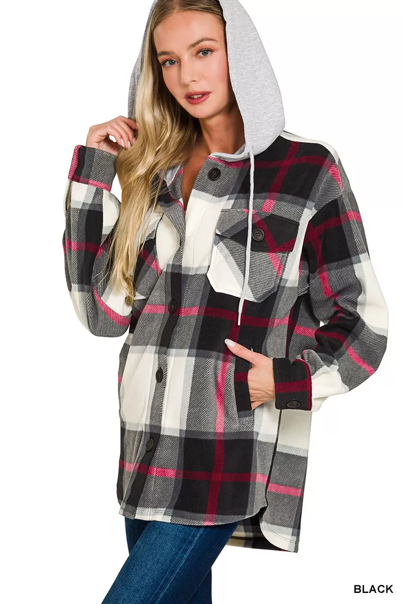 Plaid Drawstring Hooded Fleece Shacket, image 3