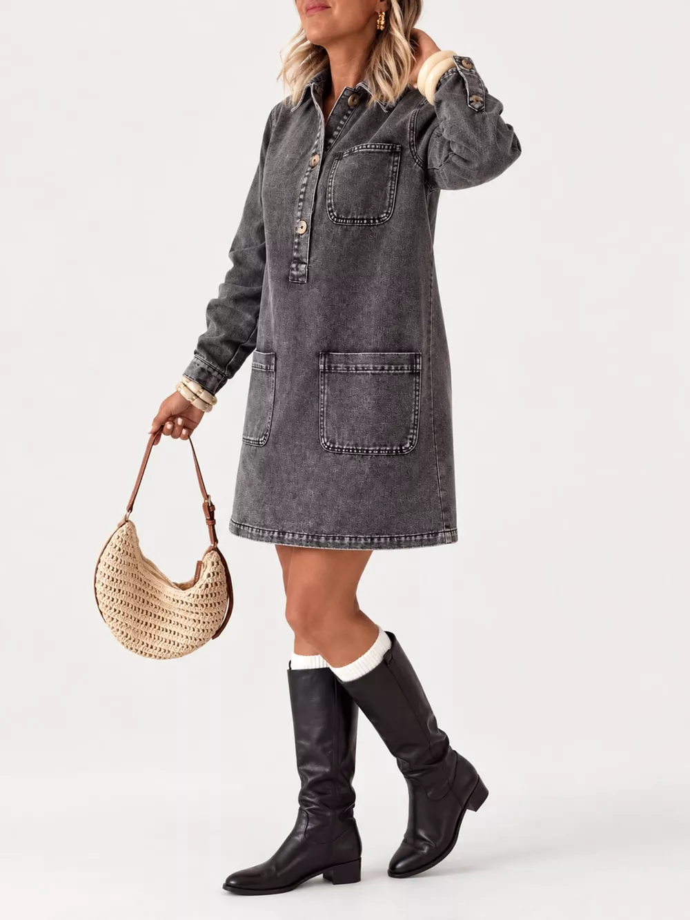 Button Front Denim Shirt Dress, image 3