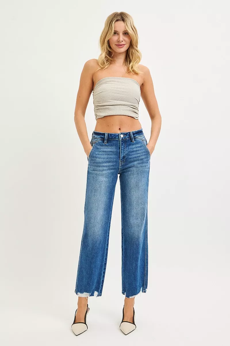 High Rise Ankle Straight Distressed Hem Detail Jeans, image 4