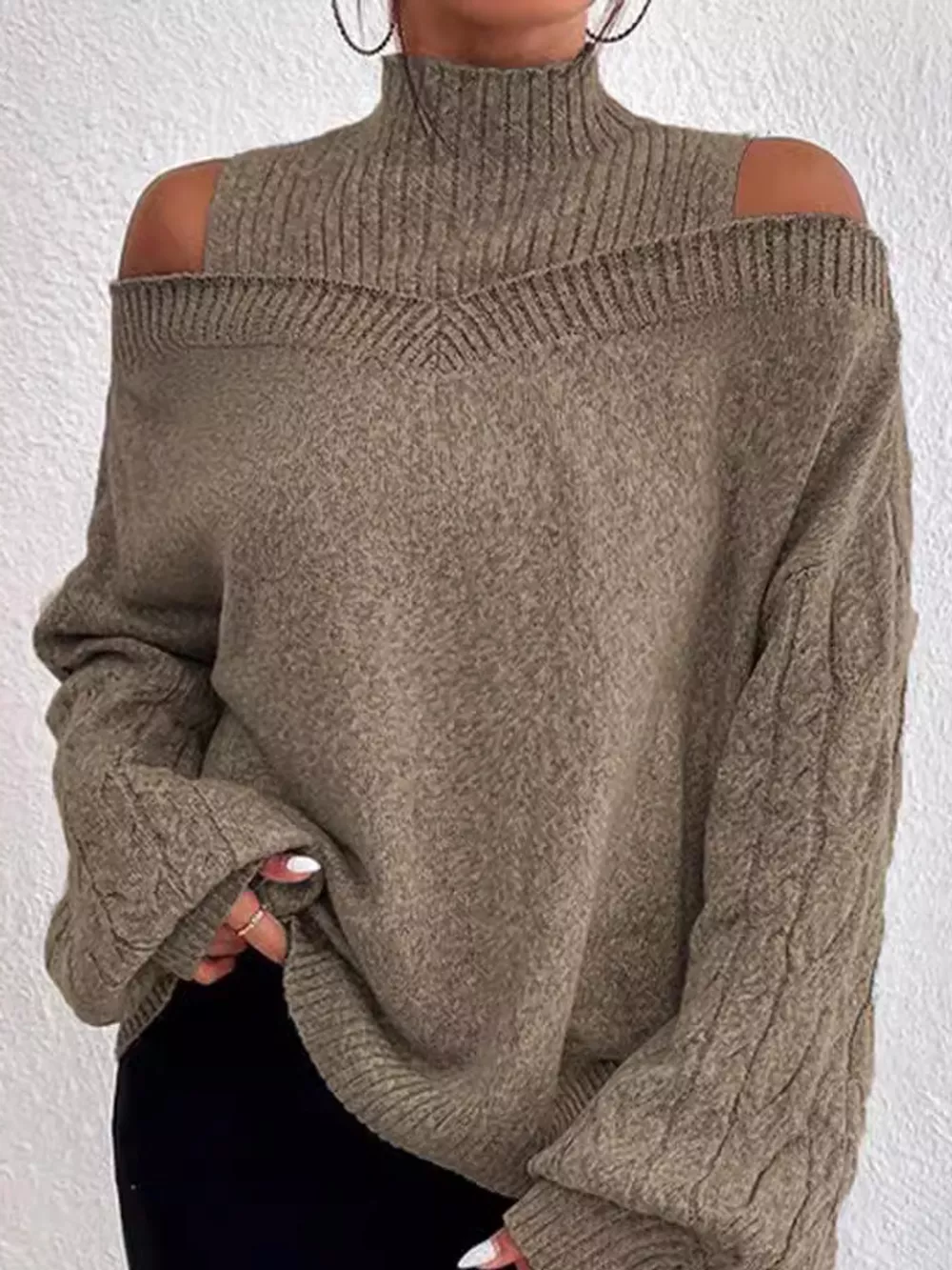 Full Size Cold Shoulder Mock Neck Cable Knit Sweater Plus Size, image 5