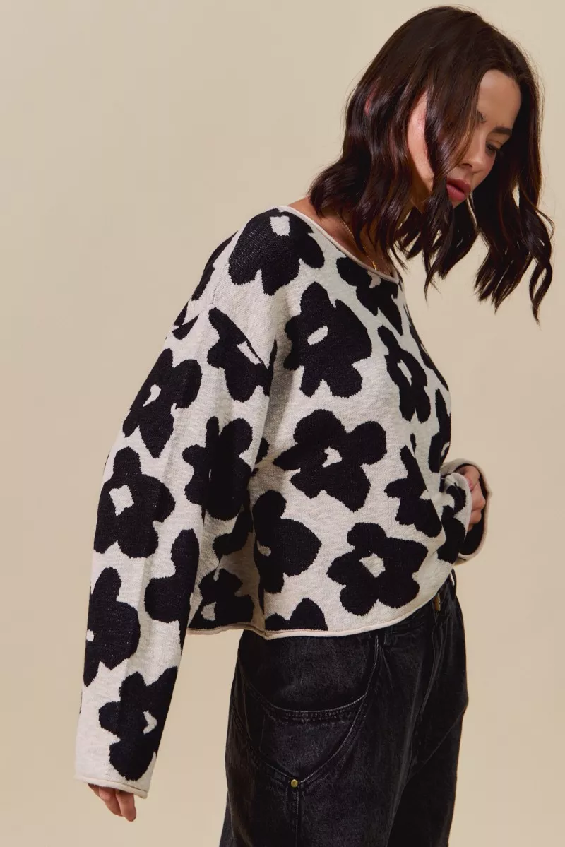 Loose Fit Flower Lightweight Sweater Top, image 4