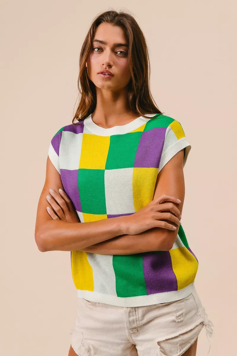Mardi Gras Checker Pattern Sleeveless Sweater Top, image 7