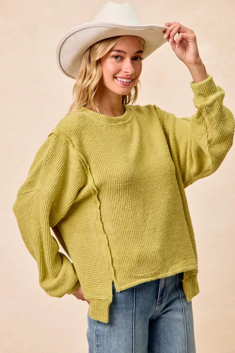 Boucle Rib Knit Uneven Hem Sweater With Open Seam, image 5