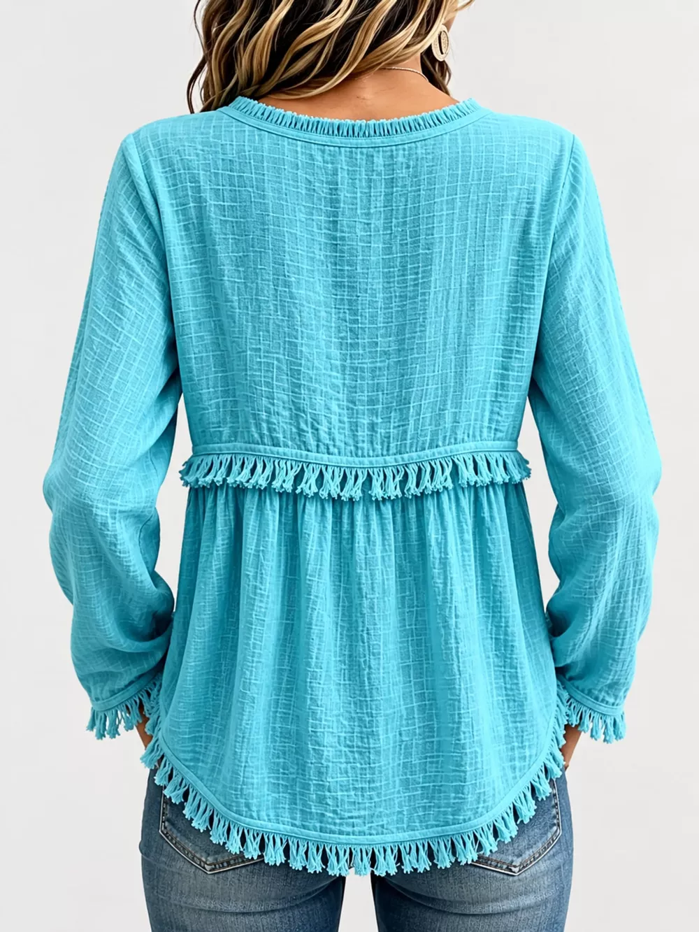 Full Size Fringed Trim V-Neck Long Sleeve Blouse Plus Size, image 51