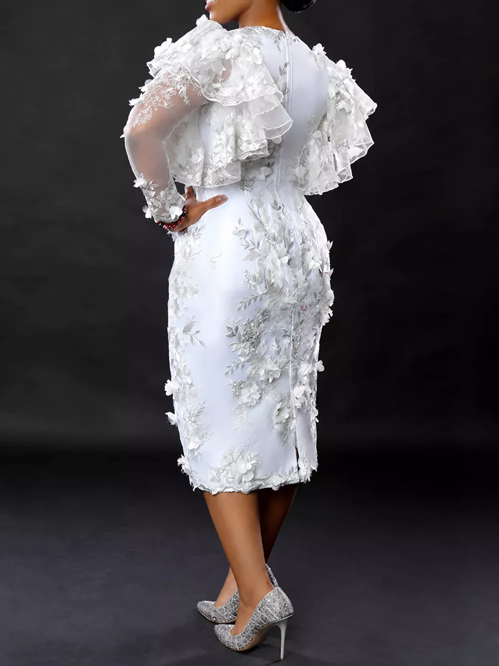 Plus Size Floral Embroidered Sheer Ruffle Sleeve Midi Dress, image 3