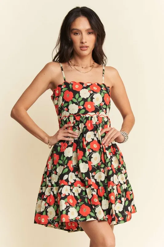 Floral Scalloped Cutout Back Mini Dress, image 3