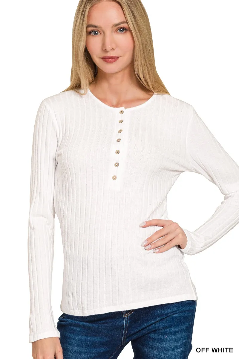 Ribbed Long Sleeve Half Button Top, image 3