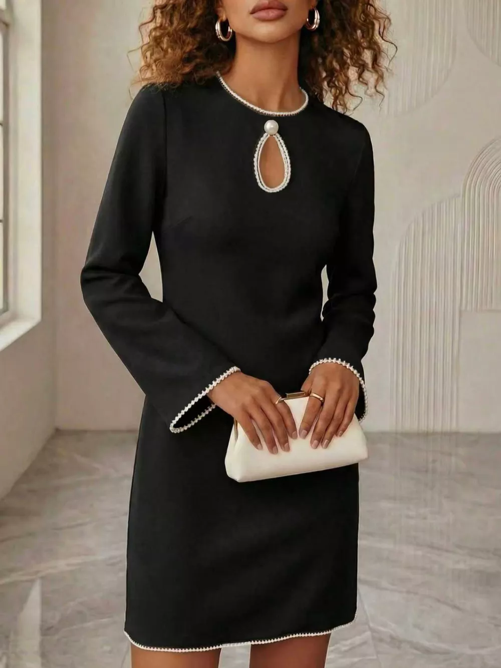 Keyhole Pearl Trim Mini Dress