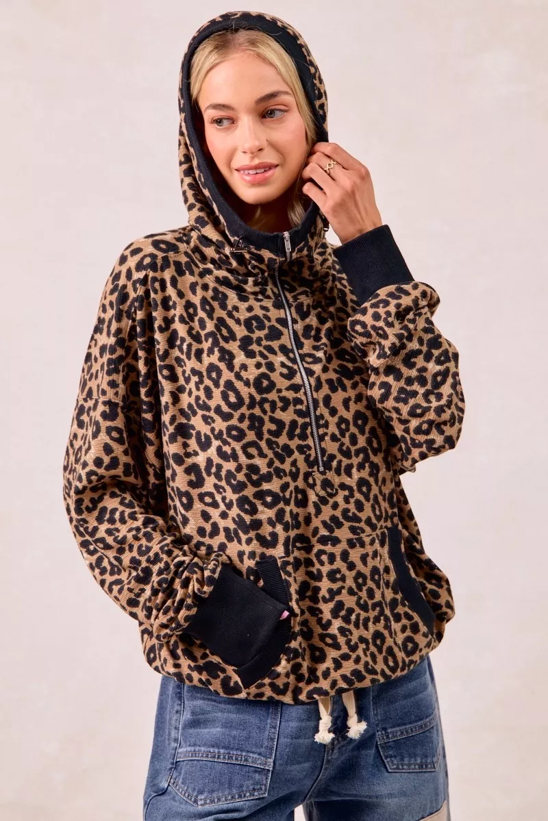 Leopard Print Waffle Half Zip Up Hoodie W Pocket, image 4