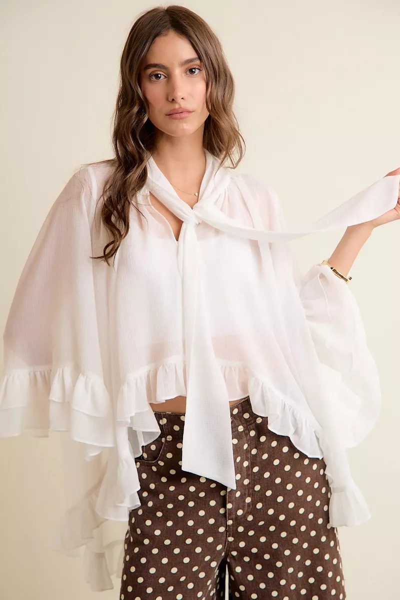 Sheer Ruffle Bell Sleeves Bow Tie Flowy Blouse Top, image 12