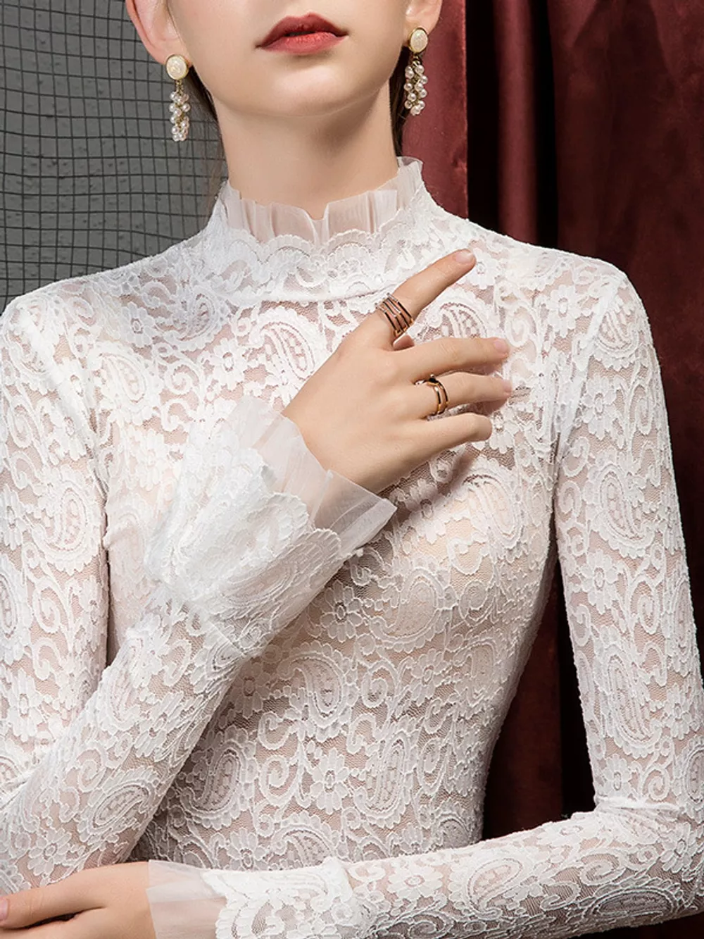 Full Size Lace Mock Neck Long Sleeve Blouse Plus Size