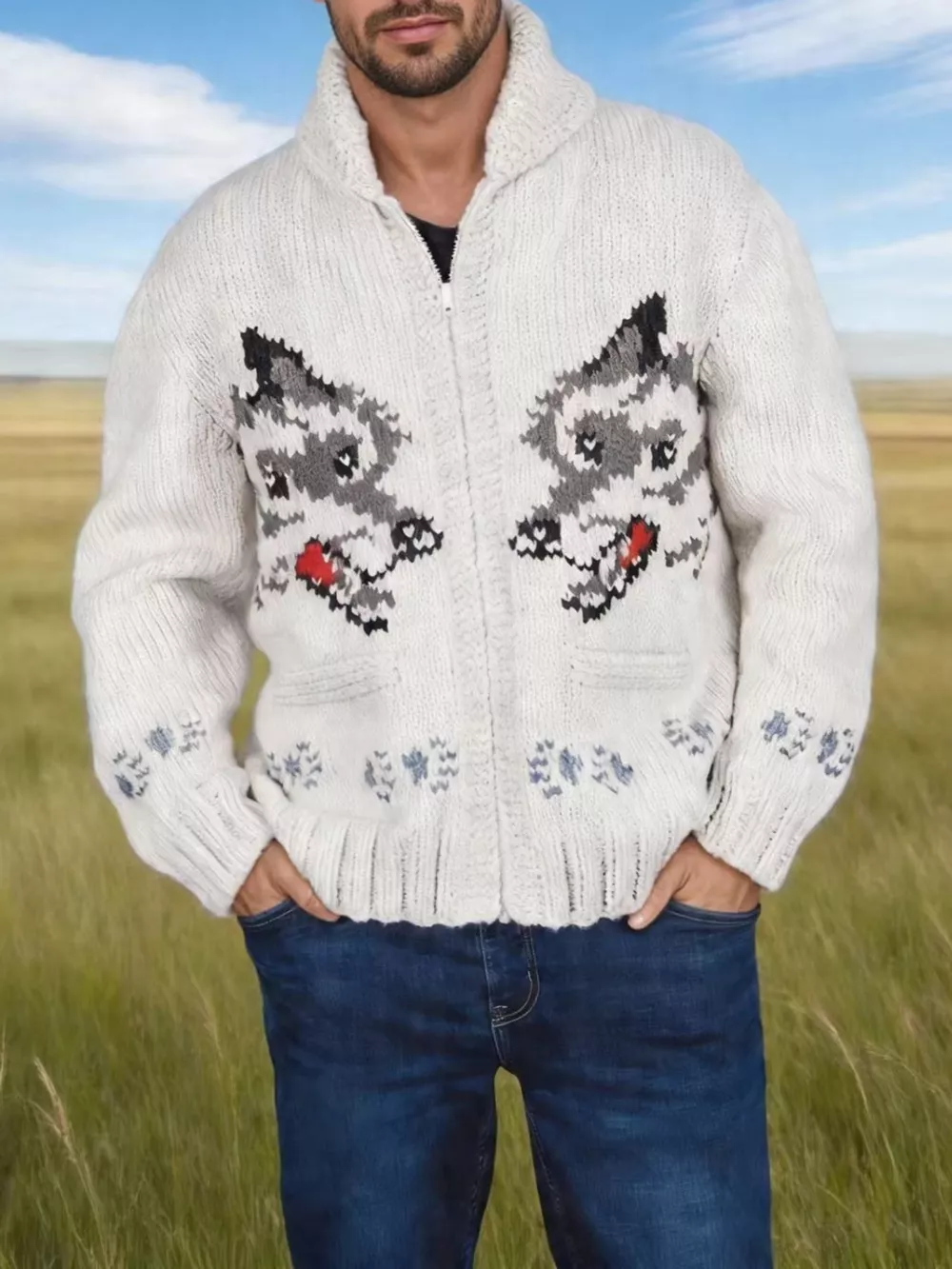 Men's Full Size Animal Chunky Knit Zip-Up Cardigan Plus Size, image 4