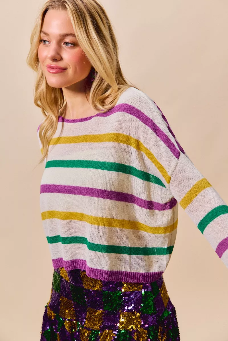 Mardi Gras Color Stripe Lightweight Sweater Top, image 11