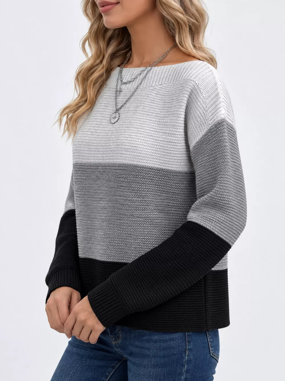 Full Size Color-Block Boat Neck Sweater Plus Size, image 27