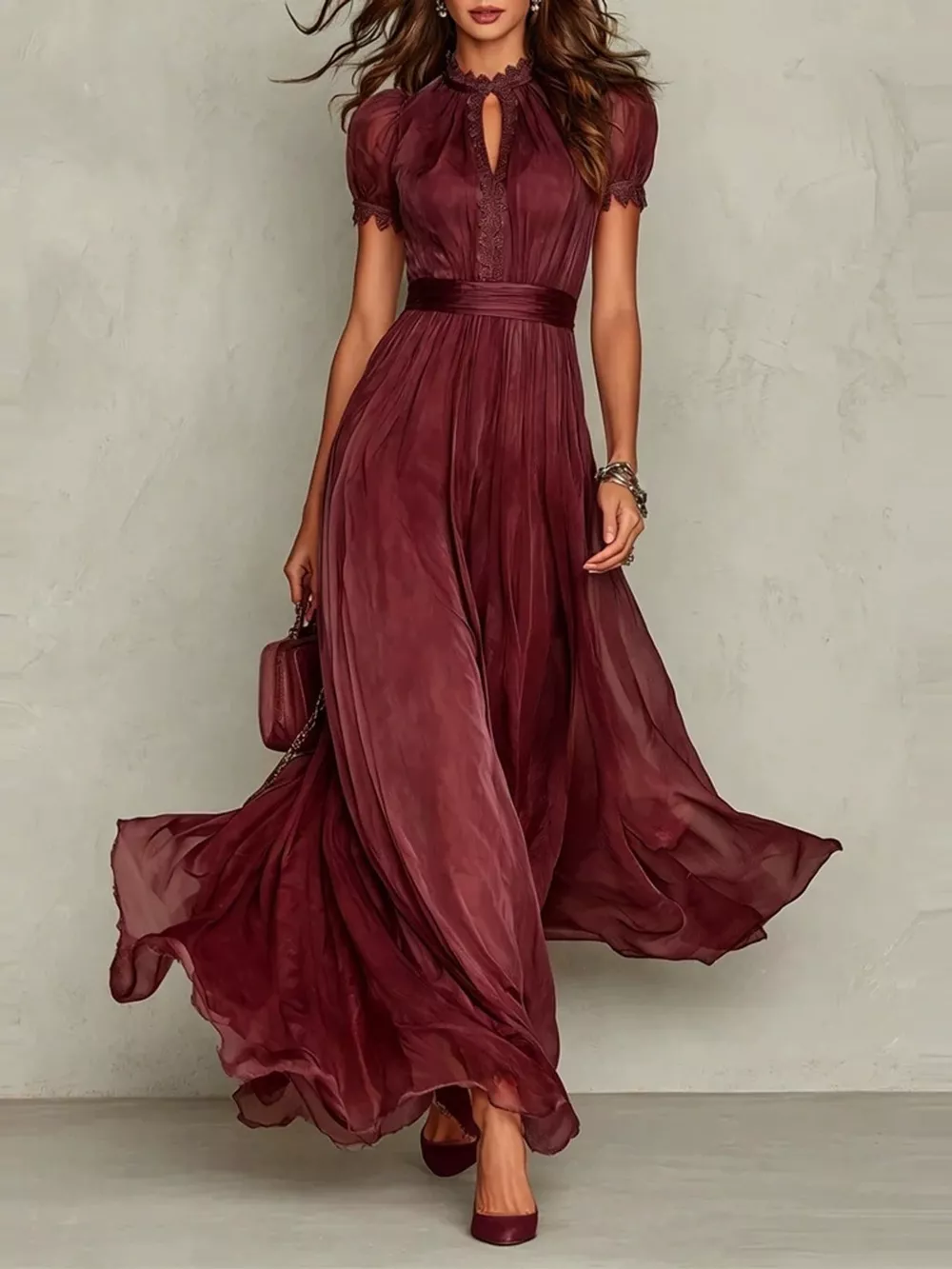 Full Size Elegant Sheer Chiffon Mock-Neck Maxi Dress with Keyhole Detail Plus Size, image 13