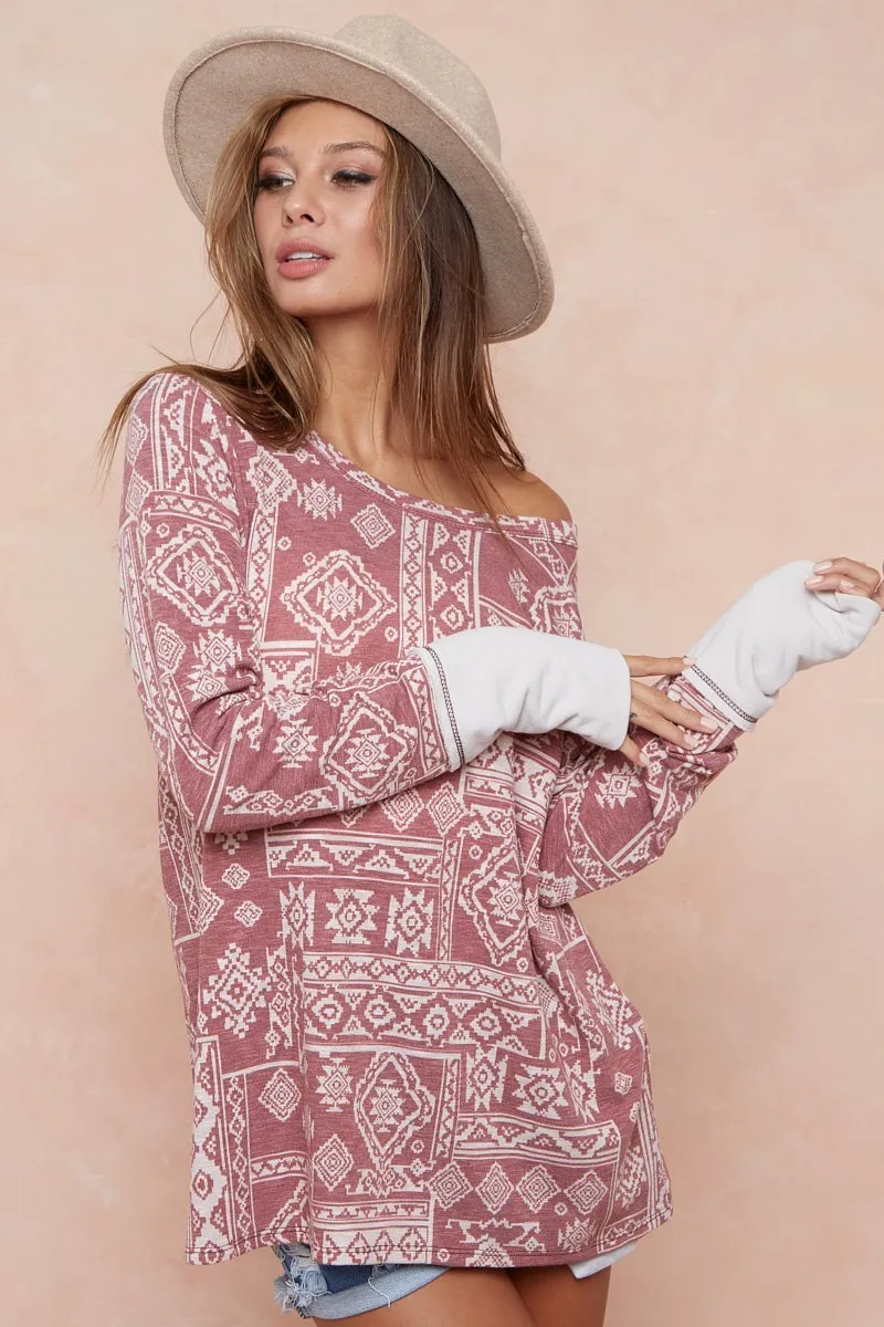 Aztec Print French Terry Top with Thumb Opening, image 5