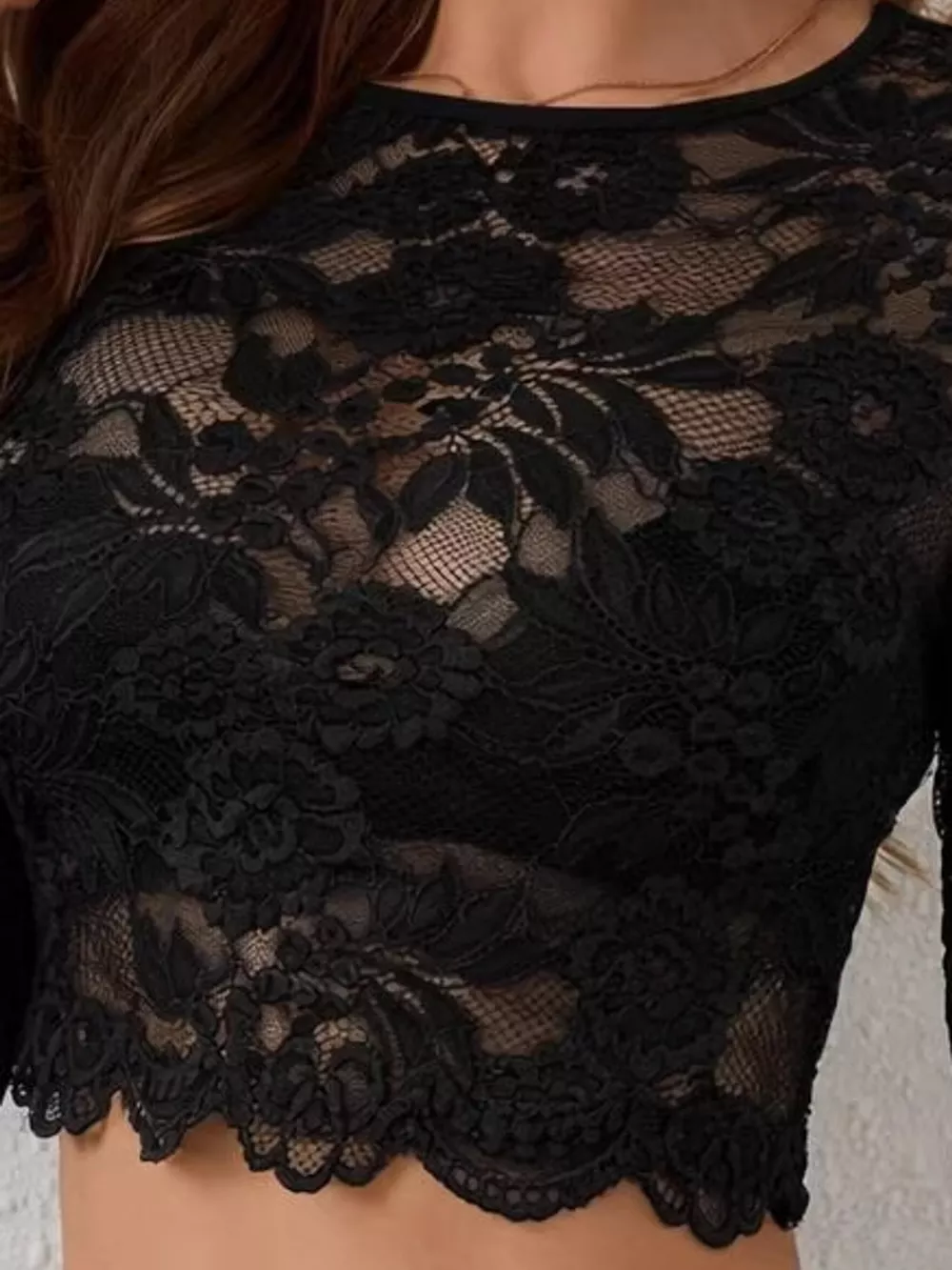 Lace Sheer Long Sleeve Crop T-Shirt, image 10