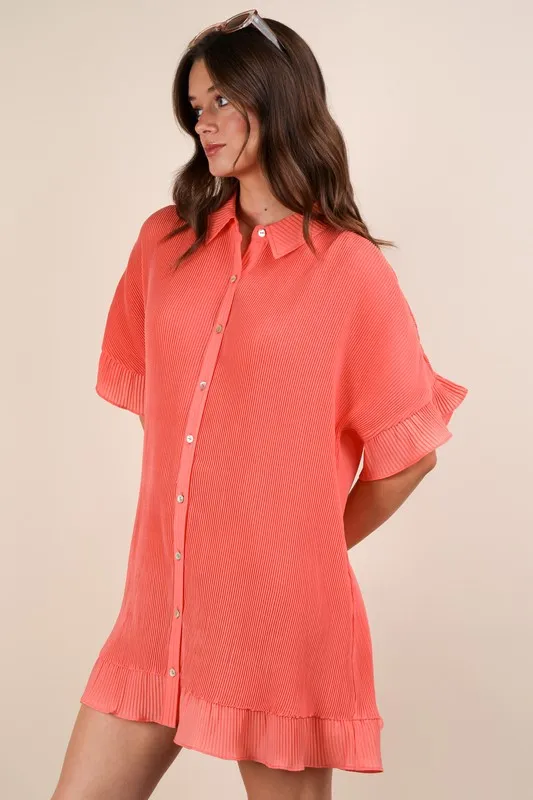 Pleated Detail Button Down Mini Dress, image 3