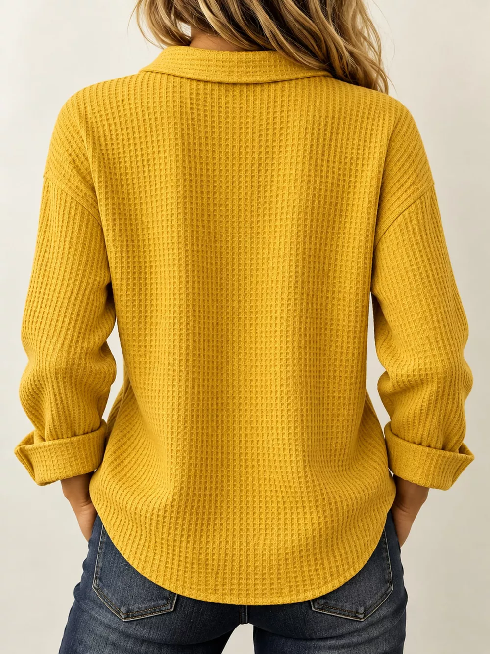 Full Size Waffle Knit Long Sleeve Polo Top Plus Size, image 32