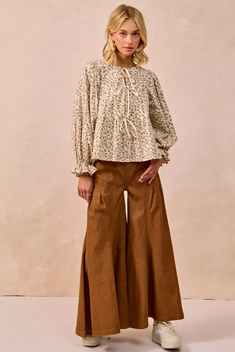Floral Printed Peplum Blouse with Shirring and Tied, image 8
