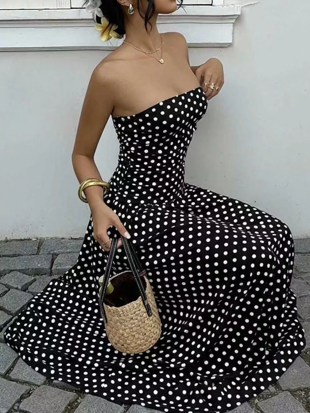 Strapless Polka Dot Ruched Maxi Dress, image 10