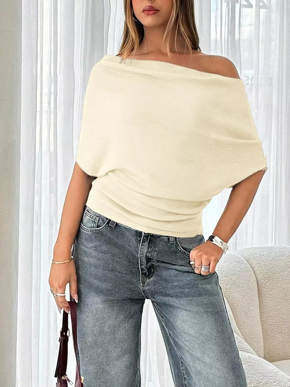Off-Shoulder Ruched Knit T-Shirt, image 8