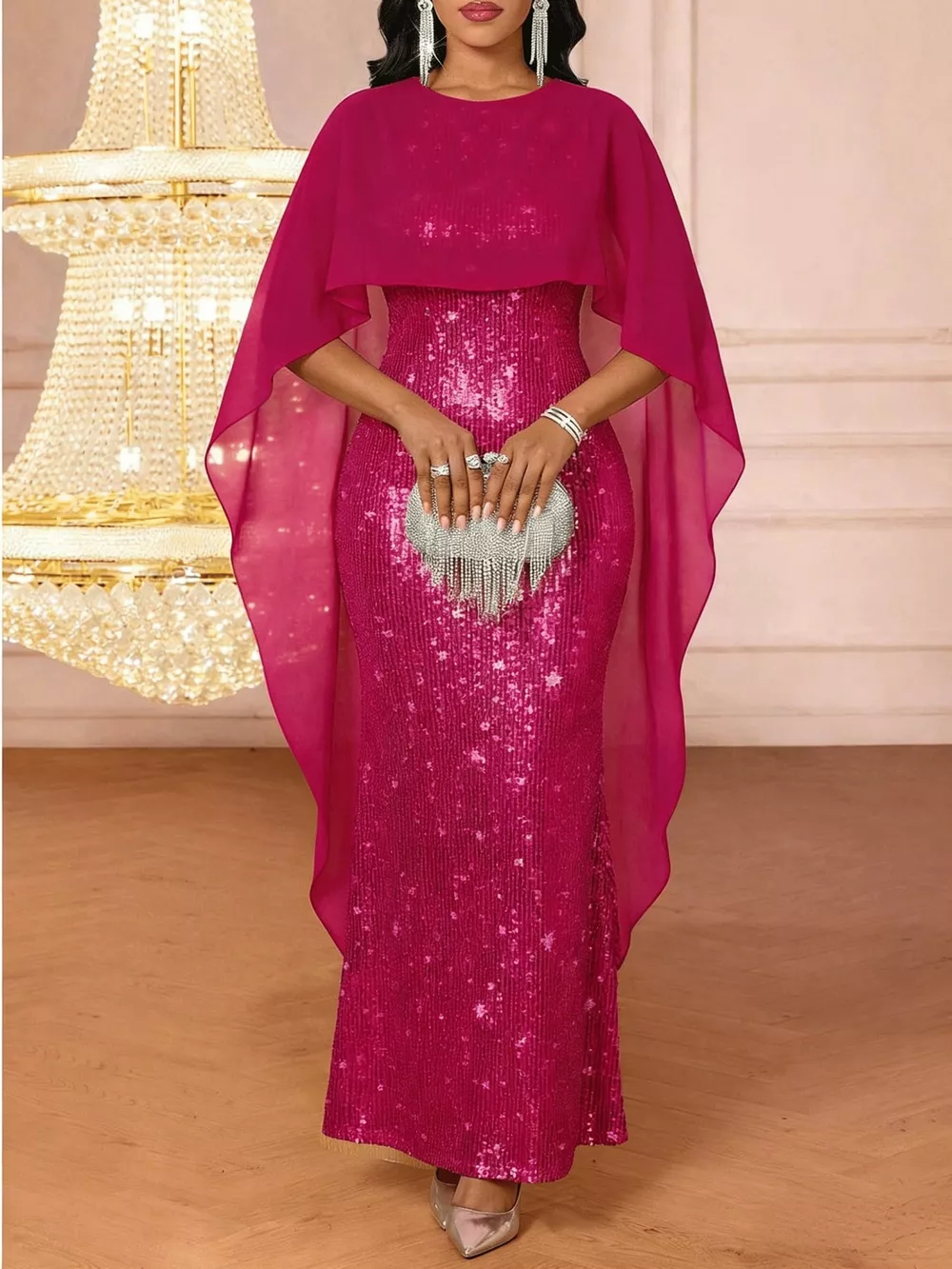 Sequin Cape Overlay Evening Dress, image 26